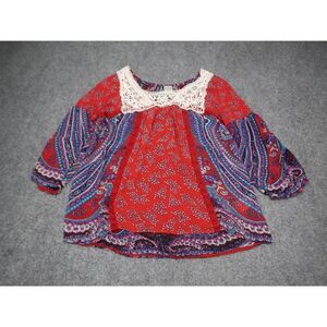 BILA Top Womens Small Red Blue Lace Floral Boho Peasant Bell Sleeve Shirt Blouse